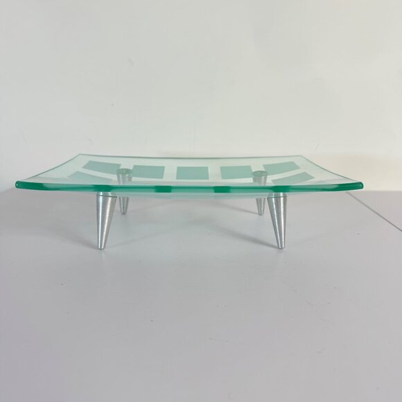 MCM Tray Frosted Glass Atomic Era Grid Pattern Metal Peg Legs VTG 60s Decorative - Picture 11 of 14
